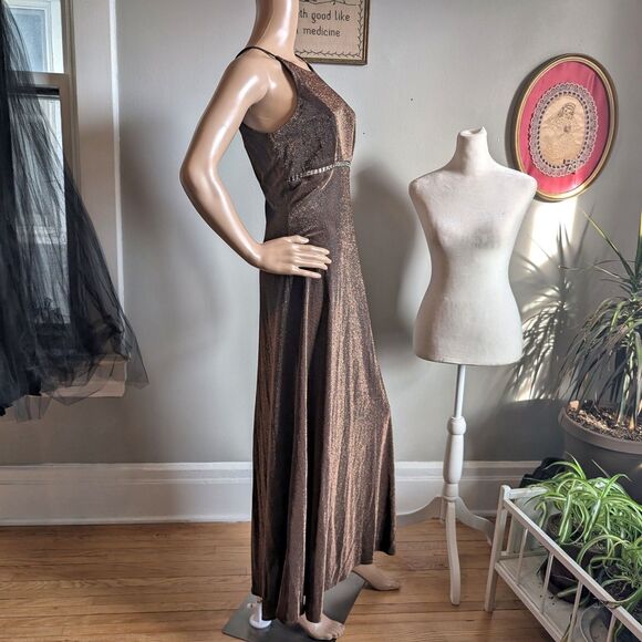 Vintage 90s Cache Metallic Maxi Dress Prom Gown Rhinestone Whimsygoth Size 7 - Picture 9 of 13